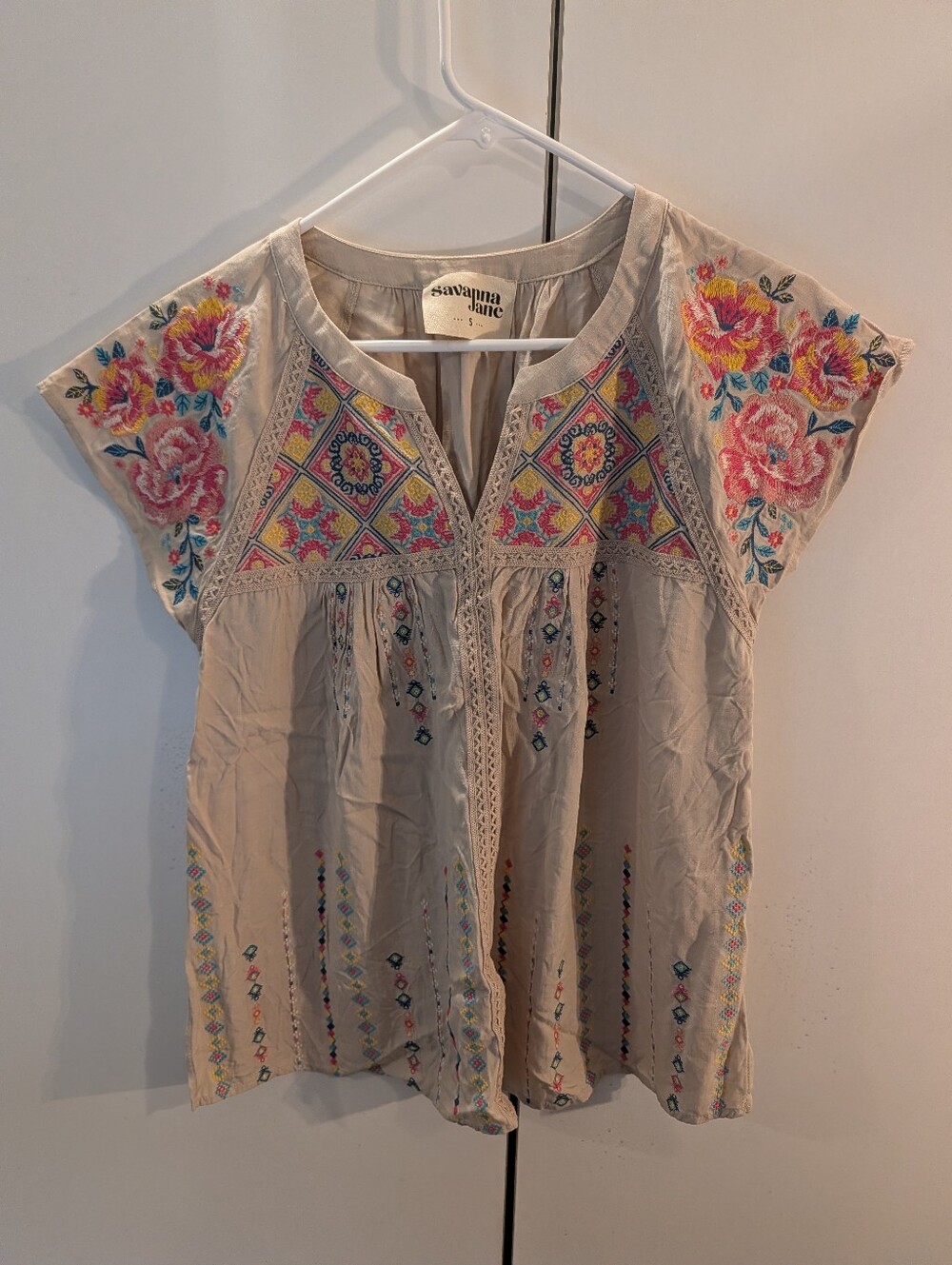 Savanna Jane Beige Embroidered Floral Tunic with Pink & Yellow Accents Small